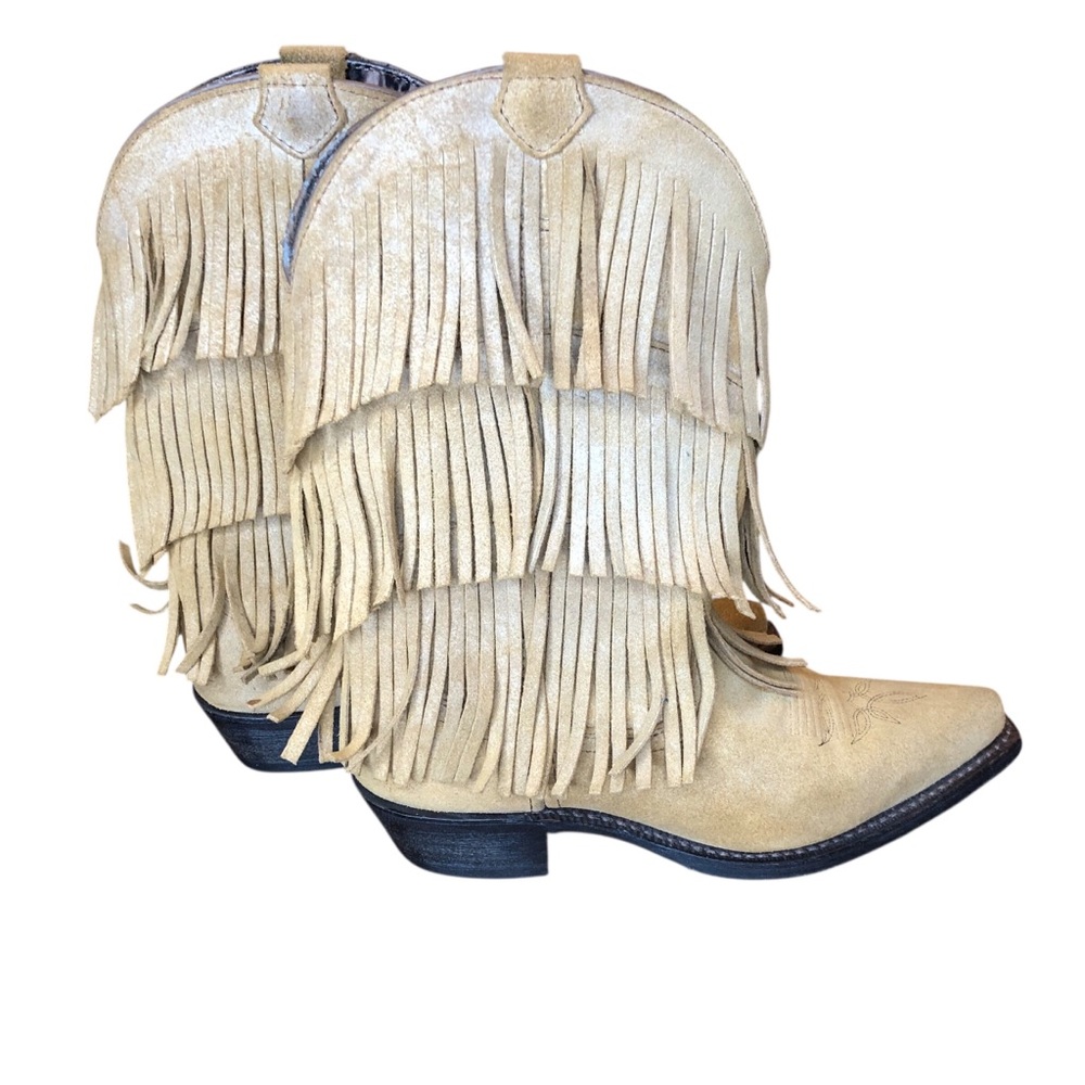 Dingo Tres Fringe Western Boots Womens Size 8 Suede Leather Cowgirl Neutral - Picture 3 of 13